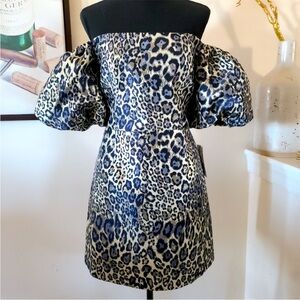 Aidan Mattox Metallic Leopard Off-the-Shoulder Puff Sleeve Mini Dress size 12
